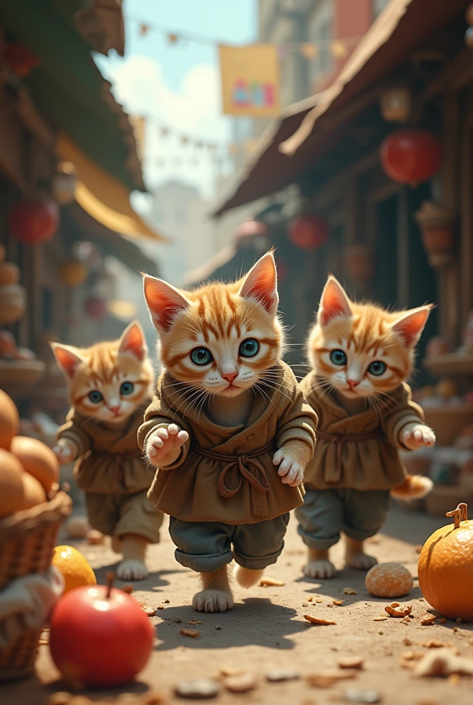 "A group of poor kittens, with simple, patched clothes, sneak into a market to steal food. They look around with wary expressions as they pick up small items.."