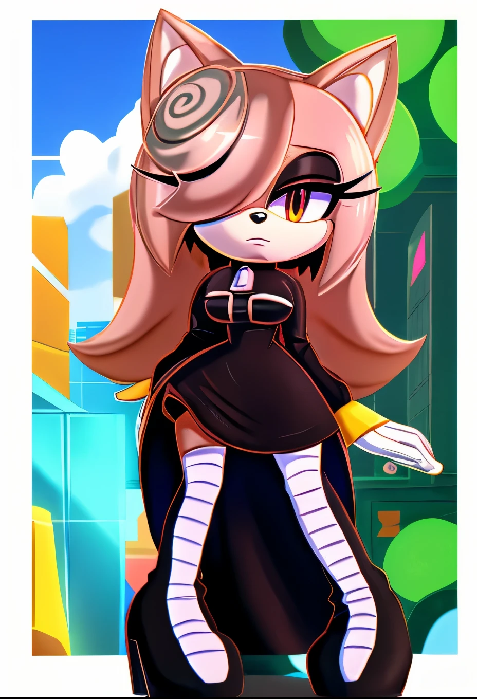 sthsage, female, Female Kitsune, ((Sage as a Mobian Kitsune)), white fur, fox ears, ((long hair)), ((lower back length hair)), white hair, multicolored hair, hair over one eye, red eyes, (fox tails), 4 tails, ((black dress)), (full skirt black dress), ((white zipper-like stripe down center of dress)), standing, blank expression, ((lab background)), medium breasts, (long sleeves), eggmaam styled black dress, eggmaam cosplay, eggmaam uniform, black pants with high heeled boots attached, Eggmaam styled boots, daytime, (mobian), Mobius city