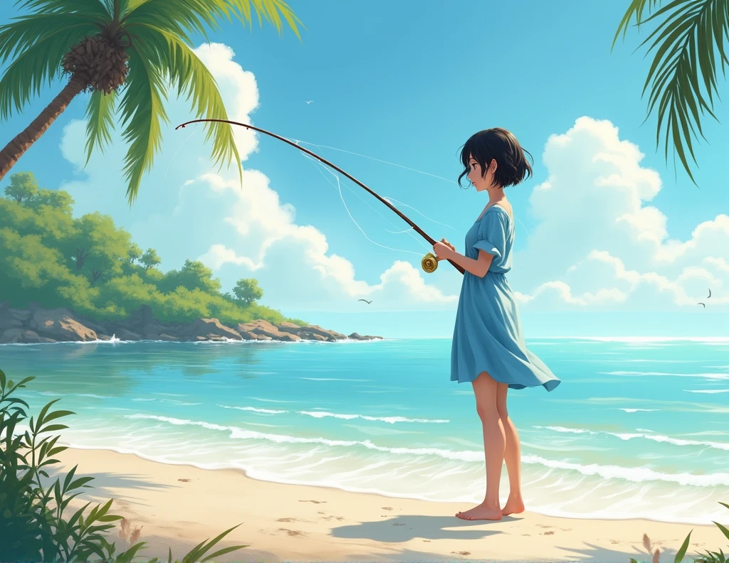 female, Asia, short hair, Beach, holding a fishing rod, blue clothes