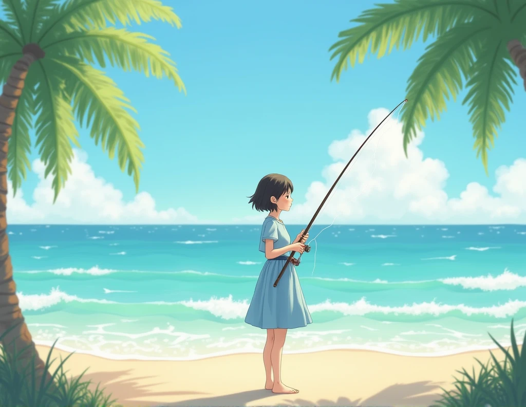 female, Asia, short hair, Beach, holding a fishing rod, blue clothes