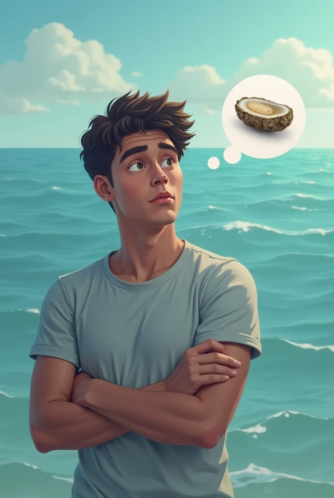 Background is ocean color and there is a man thinking 1 pill = 6 oysters. The man is young and the image size is 1080 x 1080 pixels