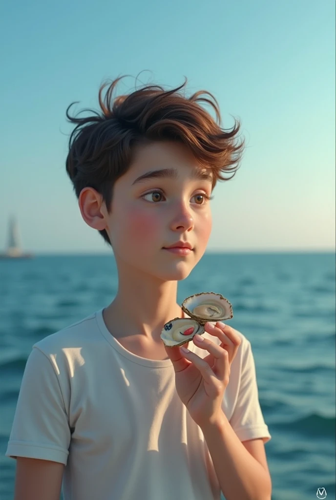 Background is ocean color and there is a man thinking 1 pill = 6 oysters. The man is young and the image size is 1080 x 1080 pixels