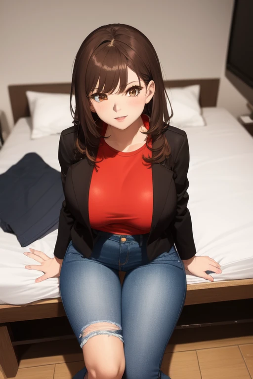 1 female, brown long messy anime hair, huge breast, thick legs, brown eyes, thick eyebrows, black jacket, red t-shirt, jeans, studio room, in the bed