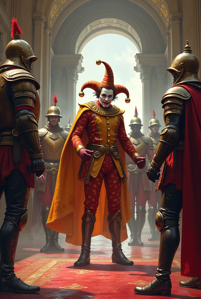 Court jester fighting king's soldiers