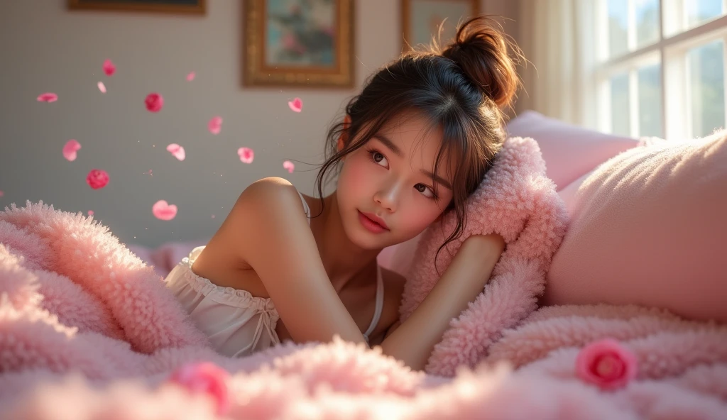 a beautiful tanned japanese woman wearing broken white ((satin pajama)) with messy bun hair highlighted brown, seen laying and daydreaming on her glittery cozy fluffy messy glittery soft pink sheet bed, pink fur blanket, broken white wall in her room with paintings on the wall and pink rose petals on the bed too, glitters and particles and nice lighting, UHD, HDR, 8k, Masterpiece
