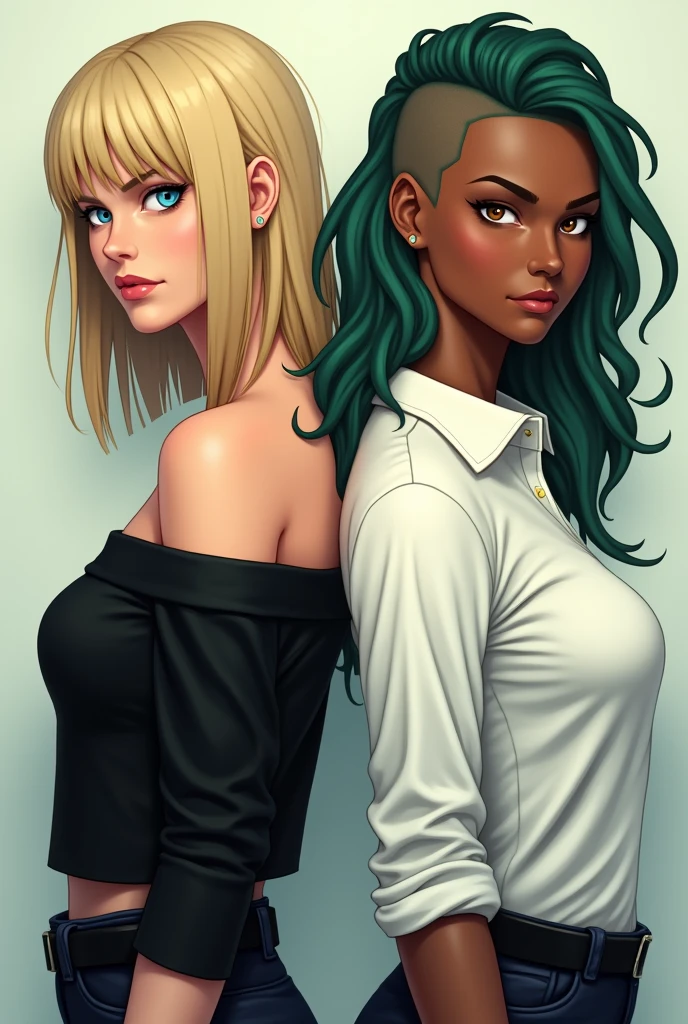 Two 1 women, a white woman with straight blonde hair, blue eyes, a black off-the-shoulder blouse, and an angry face. the other brown with wavy green hair with shaved sides and brown eyes with a white button-down shirt, her expression is carefree. They are back to back