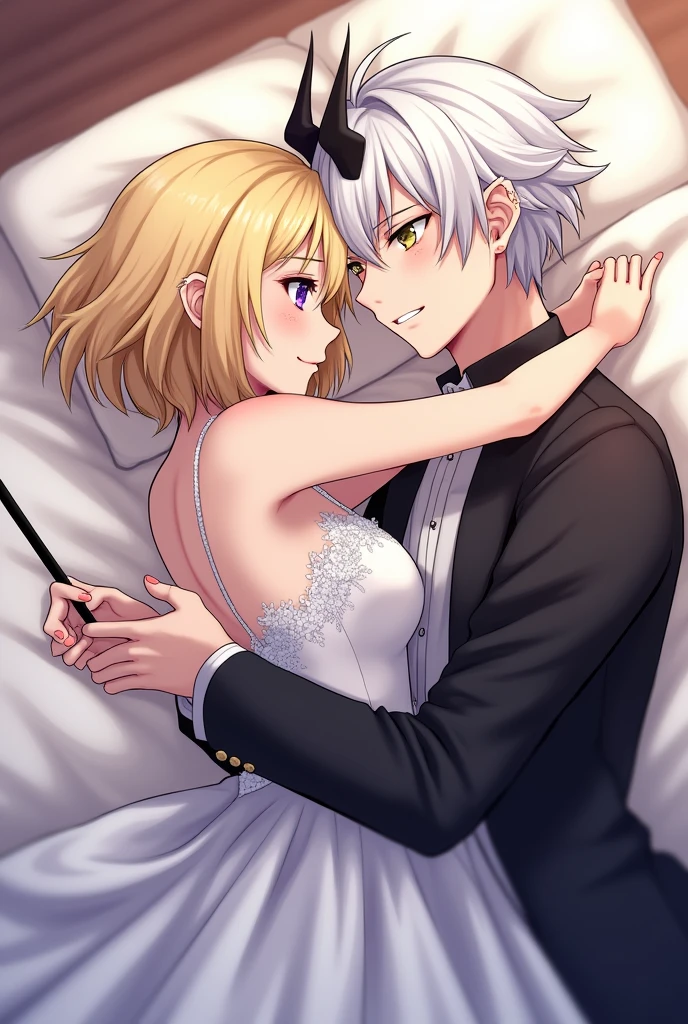 anime woman , Blonde Short hair, purple eyes, with wedding dress, with a man with white hair, With black streak , and horned, yellow eyes, Black toothpick, Lying in bed and kissing , icon format