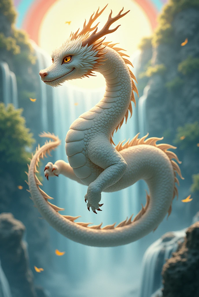 masterpiece, Highest quality,Japan Dragon God、Blue dragon、Rin々A gentle and calm expression、With fluffy fur。Flying in a circle。No wings、Sparkling and kind eyes、Its snake-like, slender body is so long that it doesn't fit on the screen.、The background is a waterfall and a rainbow、Beautiful mane、There are claws on the feet