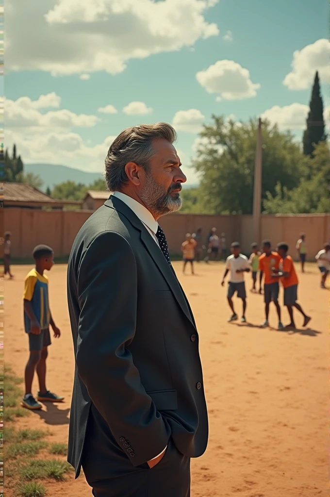 Man in a suit watching 1 boys playing soccer on a dirt field