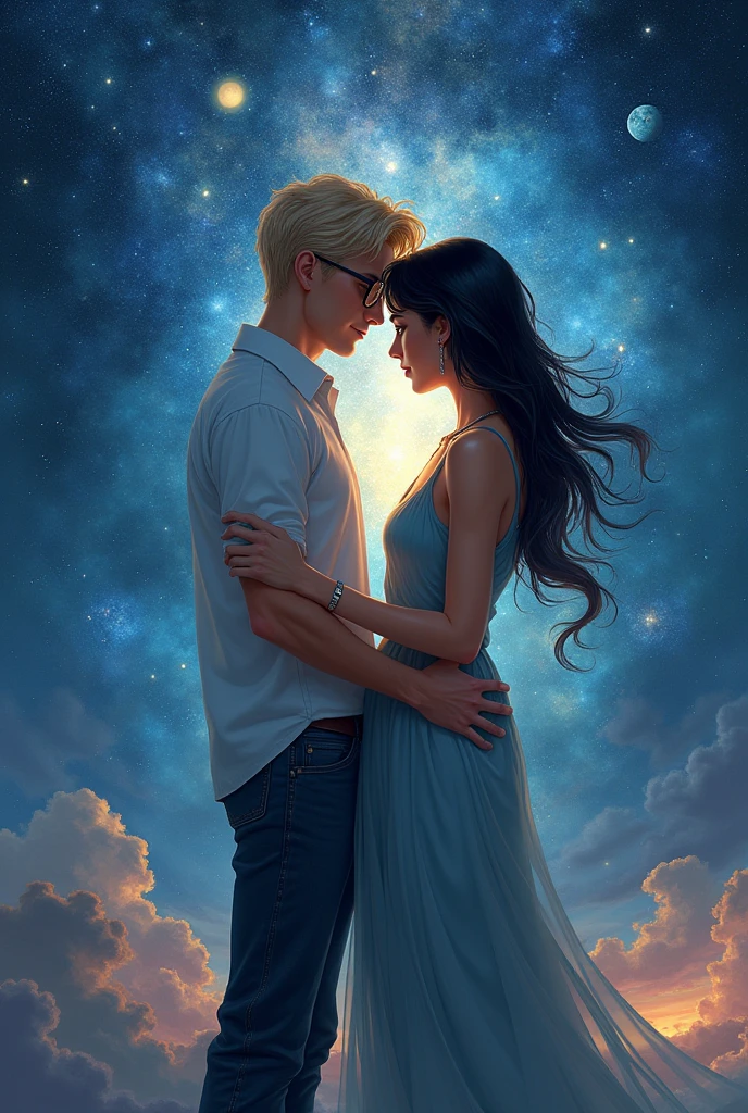 Romance book cover, with the name Flow of time Young adult couple Tall boy and blonde girl has long black hair Both wear glasses Background with universe depicting time