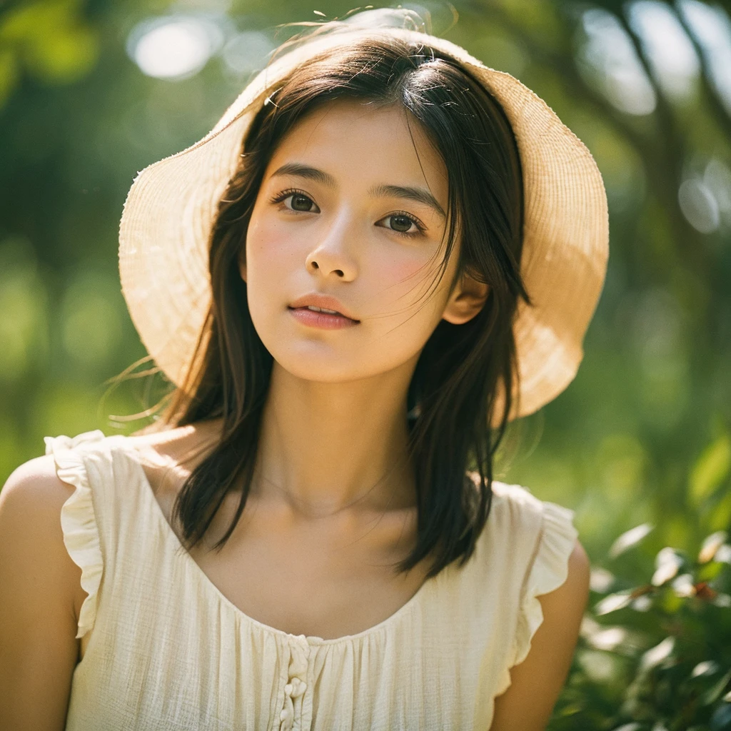 A hyper-realistic close-up image of a single Japanese woman in her early 20s, captured with the rich, nostalgic texture of a vintage film camera, focusing on her face and shoulders. Her skin has a warm beige tone with a natural, slightly rough texture that includes visible pores, fine lines, and subtle imperfections such as small blemishes, adding to the authenticity of her appearance. The image is infused with the characteristic graininess and slightly muted colors typical of classic film photography, enhancing the depth and warmth of the scene. Soft, diffused natural light typical of a sunny summer day gently illuminates her face, casting warm, subtle shadows that contribute to the film-like quality while preserving the realistic texture of her skin. Her straight, glossy black hair is slightly tousled by a gentle summer breeze, framing her face naturally. She is dressed in a light, summery outfit, perhaps with straps visible at the shoulders, that complements her natural beauty and suits the warm weather. The overall composition captures the serene and effortless elegance of a summer day, with a strong emphasis on the timeless, nostalgic quality of film photography, making the image feel both authentic and evocative.
