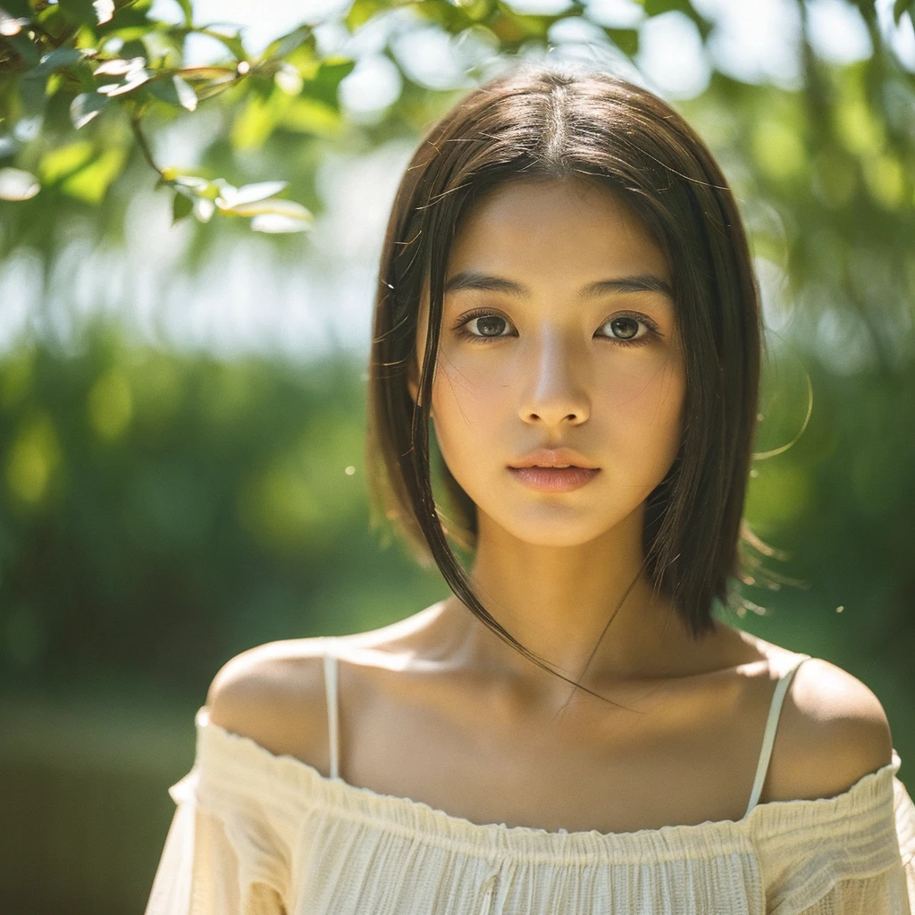 A hyper-realistic close-up image of a single Japanese woman in her early 20s, captured with the rich, nostalgic texture of a vintage film camera, focusing on her face and shoulders. Her skin has a warm beige tone with a natural, slightly rough texture that includes visible pores, fine lines, and subtle imperfections such as small blemishes, adding to the authenticity of her appearance. The image is infused with the characteristic graininess and slightly muted colors typical of classic film photography, enhancing the depth and warmth of the scene. Soft, diffused natural light typical of a sunny summer day gently illuminates her face, casting warm, subtle shadows that contribute to the film-like quality while preserving the realistic texture of her skin. Her straight, glossy black hair is slightly tousled by a gentle summer breeze, framing her face naturally. She is dressed in a light, summery outfit, perhaps with straps visible at the shoulders, that complements her natural beauty and suits the warm weather. The overall composition captures the serene and effortless elegance of a summer day, with a strong emphasis on the timeless, nostalgic quality of film photography, making the image feel both authentic and evocative.