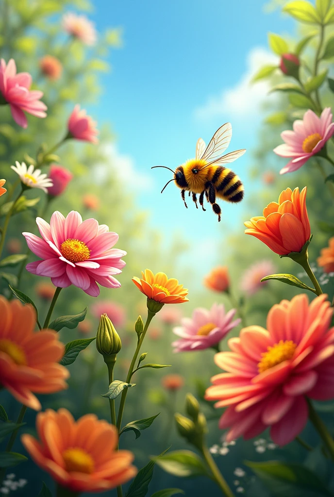 Flowers garden picture with honey bee