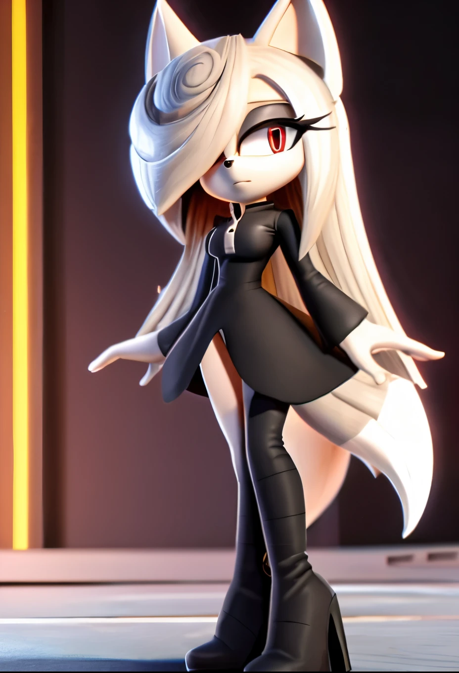 sageai, female, Female Kitsune, ((Sage as a Mobian Kitsune)), white fur, fox ears, ((long hair)), ((lower back length hair)), white hair, multicolored hair, hair over one eye, red eyes, (fox tail), more than 1 tail, ((black dress)), (full skirt black dress), ((white zipper-like stripe down center of dress)), standing, blank expression, ((lab background)), medium breasts, (long sleeves), eggmaam styled black dress, eggmaam cosplay, eggmaam uniform, black pants with high heeled boots attached, Eggmaam styled boots, daytime, (mobian), Mobius city, solo, 1girl