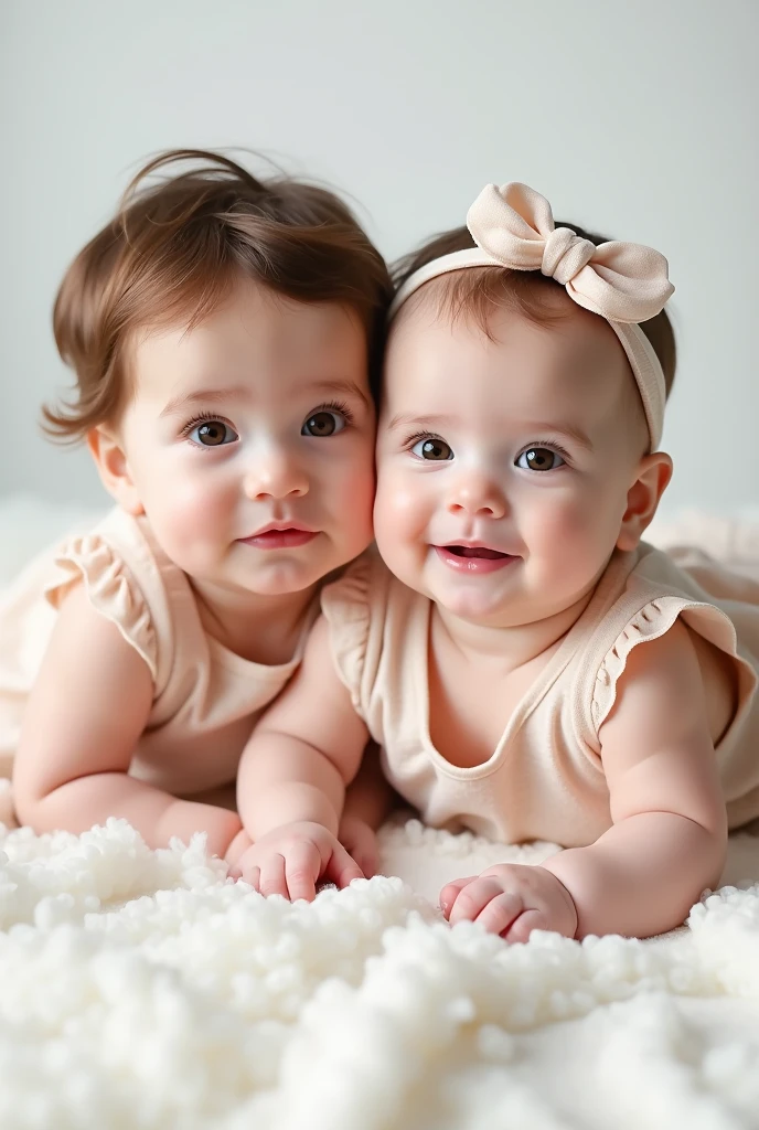 Picture Perfect pretty face of a TWO girl and picture perfect cute face of SIX months old babdband. Photoshoot. Same dress. White babies. Brown hair. hazel brown eyes. pink lips