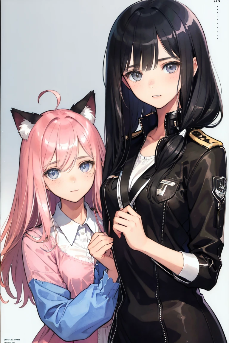 couple, man and woman, love, mature, a cat woman, she has freckles, she has dark brown eyes and an upturned nose, she is happy and smiling, she has long wavy hair, black hair, she is wearing aviator sunglasses with clear lenses in a soft watercolor style. The girl's clothes must be pink, purple, and blue in celebration of the bisexual, with stains of ink and watercolor mixing and filling the scene. There should be a subtle, nuanced change in colors using the impasto technique with gouache paint. There should be a light rain in the watercolor painting with a little watercolor paper texture and a pastel background.