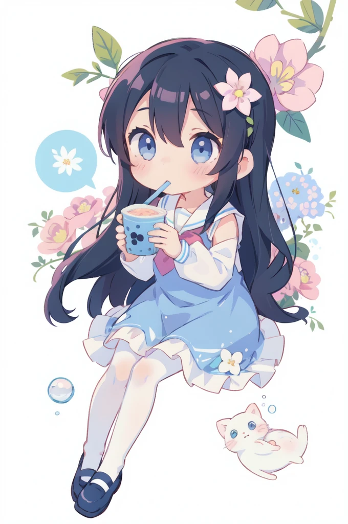 Hana Shirosaki,shirosaki hana,1girl,long hair,solo,hair ornament,pantyhose,flower,hair flower,pink flower,dress,white pantyhose,blue dress,black hair,white background,bangs,long sleeves,school uniform,drinking straw,blush,simple background,very long hair,white shirt,cup,shirt,white sailor collar,holding,bubble tea,blue eyes,sitting,sleeveless dress,drinking,shoes,disposable cup,sailor dress,hair between eyes,sailor collar,knees up,sleeveless,holding cup,pinafore dress,female child,