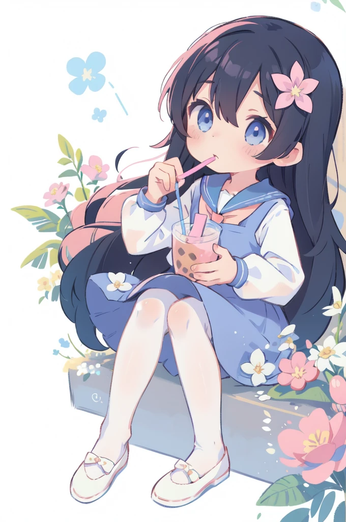 Hana Shirosaki,shirosaki hana,1girl,long hair,solo,hair ornament,pantyhose,flower,hair flower,pink flower,dress,white pantyhose,blue dress,black hair,white background,bangs,long sleeves,school uniform,drinking straw,blush,simple background,very long hair,white shirt,cup,shirt,white sailor collar,holding,bubble tea,blue eyes,sitting,sleeveless dress,drinking,shoes,disposable cup,sailor dress,hair between eyes,sailor collar,knees up,sleeveless,holding cup,pinafore dress,female child,