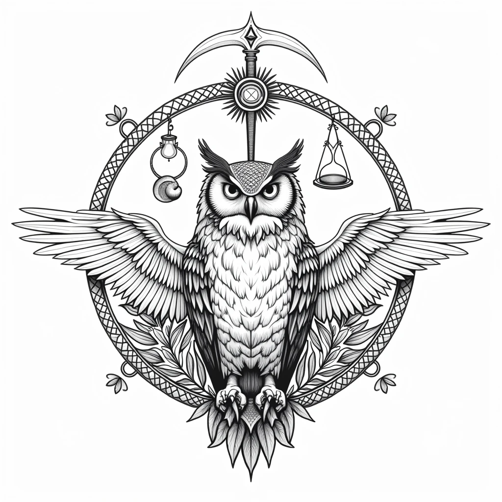 Symbol of death, with an owl, A WORLD,a scythe, a scale, A sand clock, all in a circle and black and white drawing , Magic seal containing all of the above, simple drawing