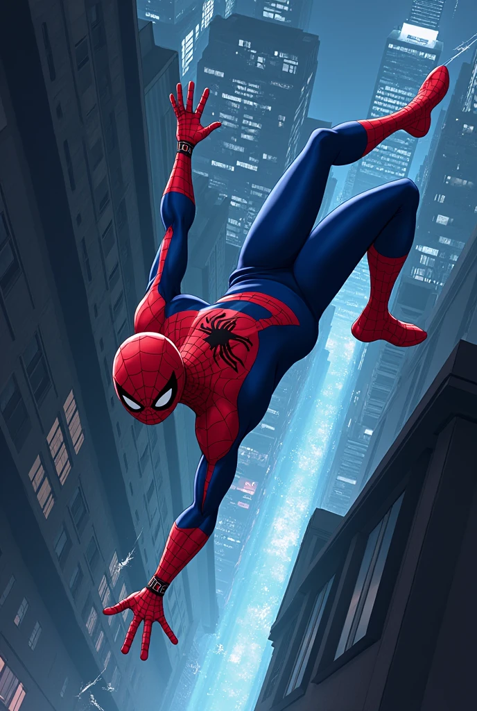 Spider-Man cool falling from the high place in anime in darkness