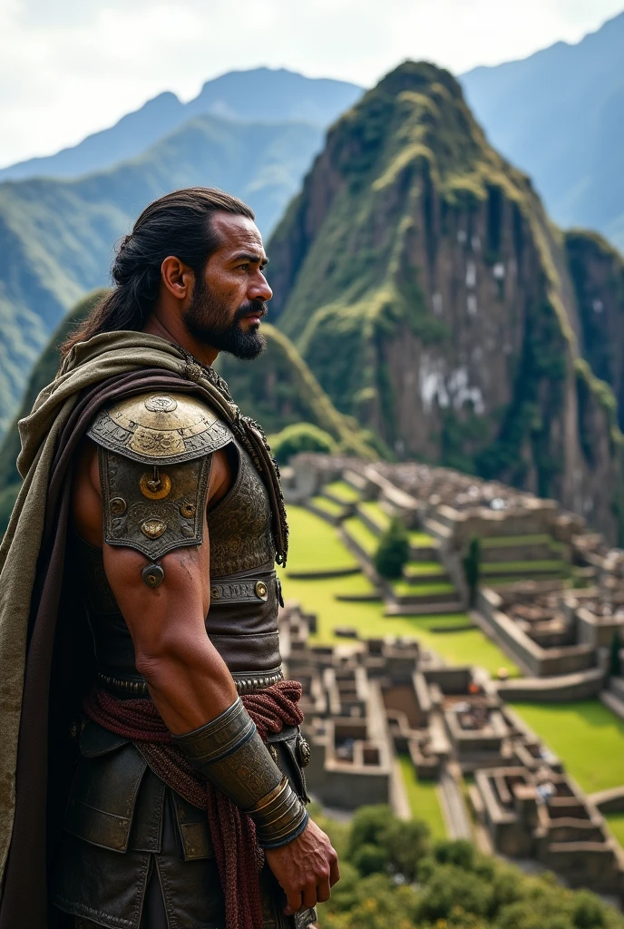 An Inca dressed for battle contemplating his Machu Picchu empire