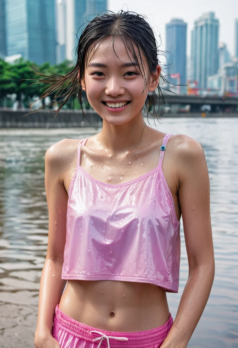 A girl whose whole body is soaked with sweat。Smiling and sweating on my forehead。The background is an urban city。Water leaking from the crotch。The outfit is a short pink camisole.。