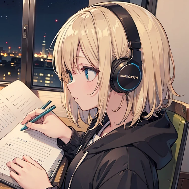 night、((机に向かってBarely)),(Headphones),((Barely)),(Serious profile),((Writing in a notebook)),((The eyes are on the notebook!!)),indoor, Super detailed, (((Very detailed eyes and face))), profile, masterpiece, Highest quality, Realistic portraits, hoodie, Very detailed, Dynamic Angle, The most beautiful form of chaos, elegant, Asian Taste