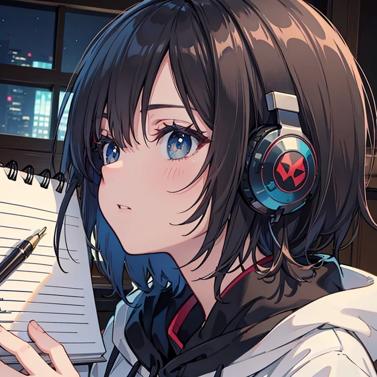 night、((机に向かってBarely)),(Headphones),((Barely)),(Serious profile),((Writing in a notebook)),((The eyes are on the notebook!!)),indoor, Super detailed, (((Very detailed eyes and face))), profile, masterpiece, Highest quality, Realistic portraits, hoodie, Very detailed, Dynamic Angle, The most beautiful form of chaos, elegant, Asian Taste