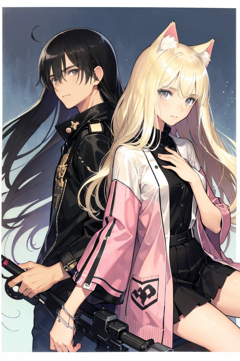 couple, man and woman, love, mature, a cat woman, she has freckles, she has dark brown eyes and an upturned nose, she is happy and smiling, she has long wavy hair, black hair, she is wearing aviator sunglasses with clear lenses in a soft watercolor style. The girl's clothes must be pink, purple, and blue in celebration of the bisexual, with stains of ink and watercolor mixing and filling the scene. he has blonde hair, There should be a subtle, nuanced change in colors using the impasto technique with gouache paint. There should be a light rain in the watercolor painting with a little watercolor paper texture and a pastel background.