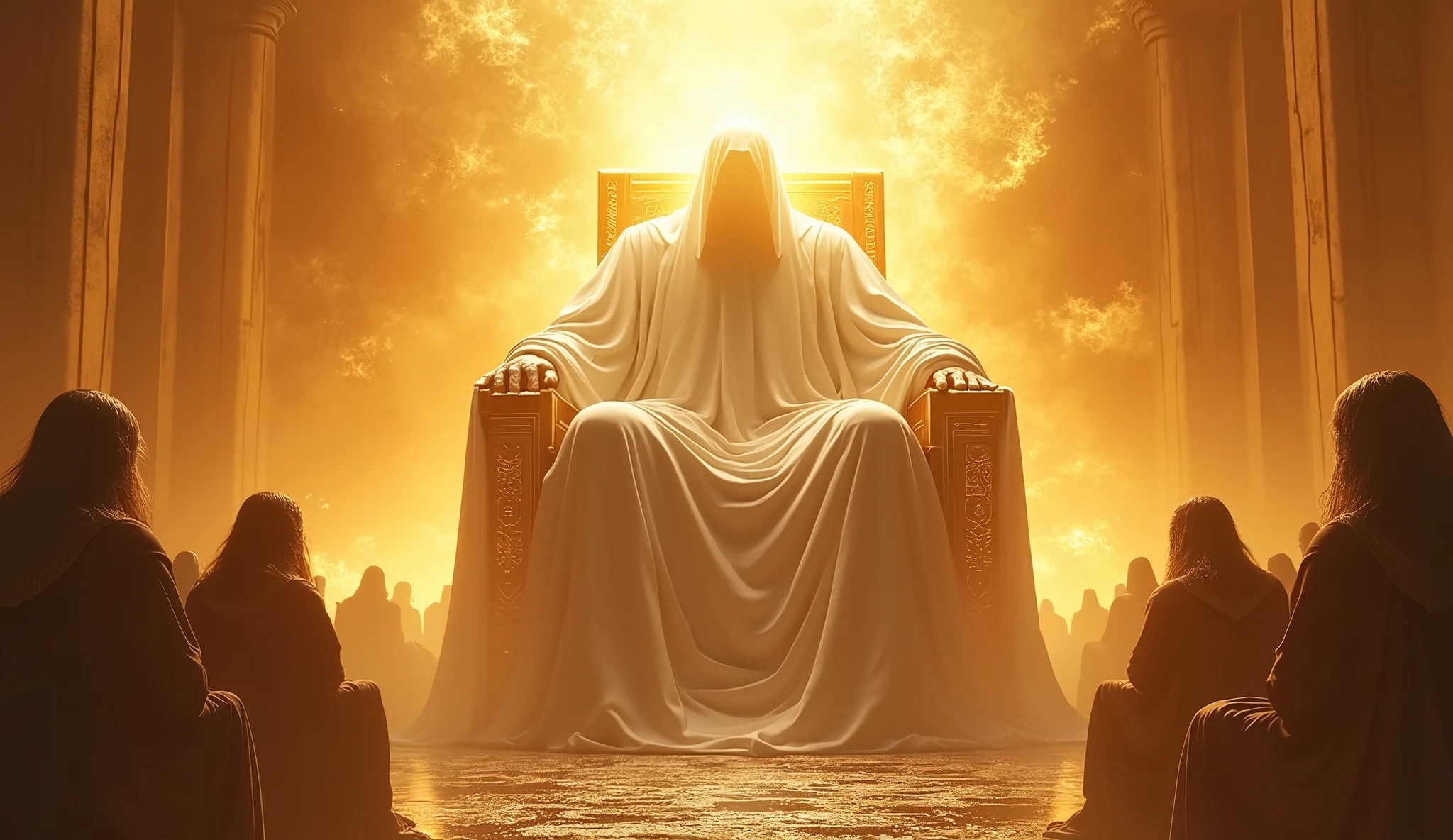 Generate images of the back of a giant man in a robe of fire and light.
Cover his face with White light and put him on a large firy gold throne surrounded by 24 other thrones with ancient beings on them