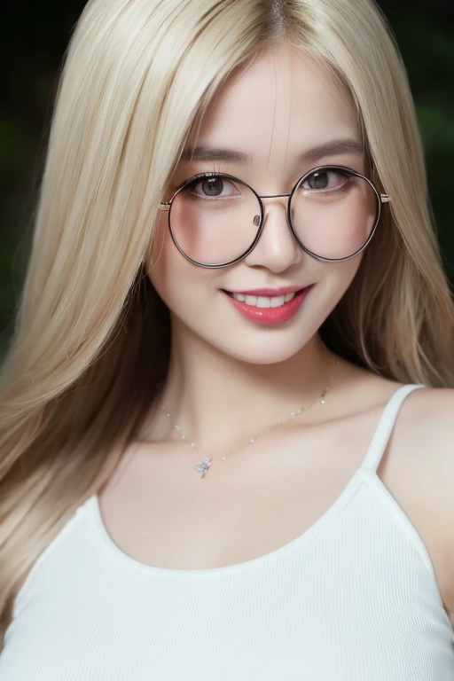 ((Top Quality, 8K, Masterpiece:1.3)), Detailed Woman:1.3,smile, glasses, (Medium long blonde hair, gigantic Breasts:1.2), Camisole:1.1, Ultra Detailed, Detailed, Eyelids