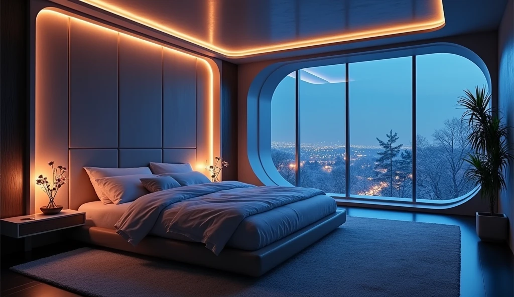 beautifulなベッドルーム、Future、Fantastic room、１bed for people、Window with a night view、Dimly lit room、Live-action-like images、High quality、Super Real、Night image、beautiful、Highest quality、