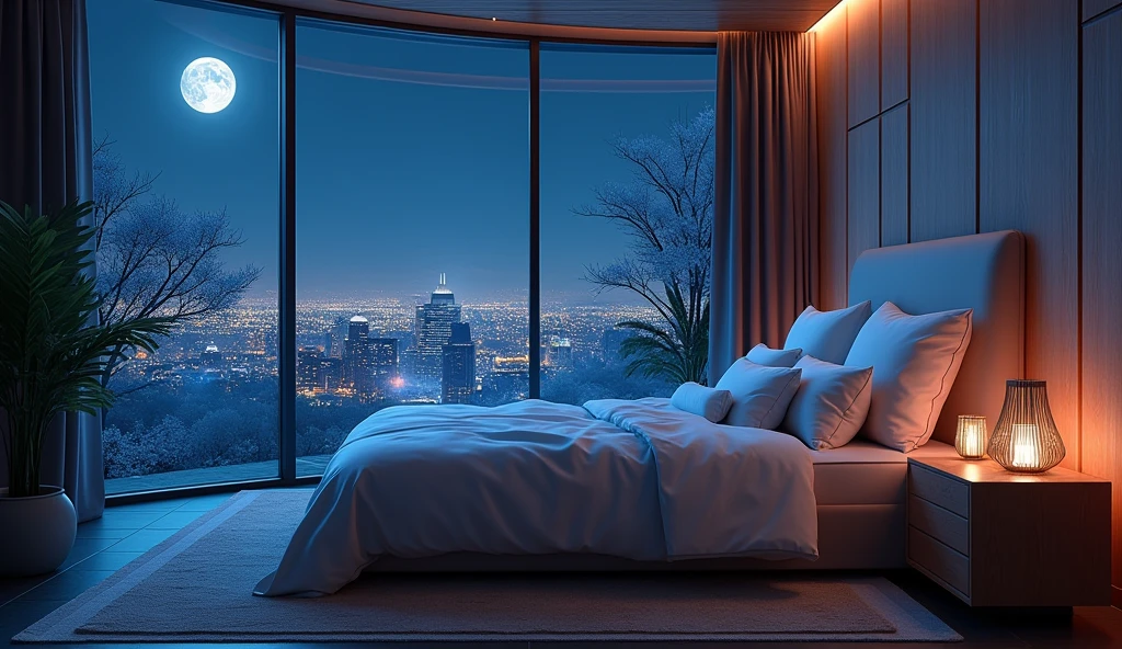 beautifulなベッドルーム、Future、Fantastic room、1bed for people、Window with a night view、Dimly lit room、Live-action-like images、High quality、Super Real、Night image、beautiful、Highest quality、