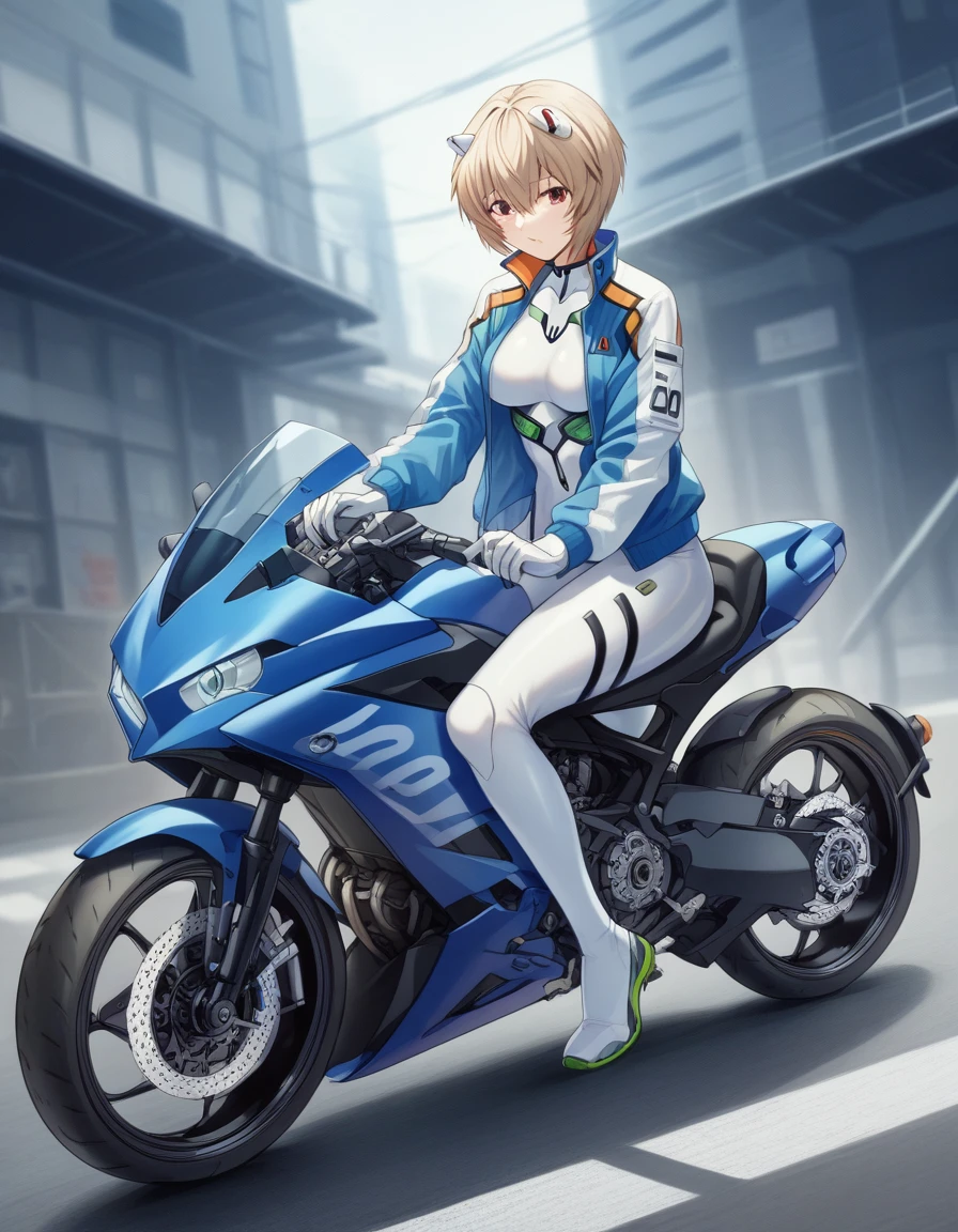 Rei Ayanami, masterpiece、highest quality、detailed description、Test Plug Suit、Translucent costume, Jacket, Woman riding a bigmotorbike（rider、white and Blue two-tone hairstyle、Detailed Description、Perfect Face、Armed、）、blue motorbike（blue、white,  bike、two-wheeled vehicle、big、Mechanic Design）