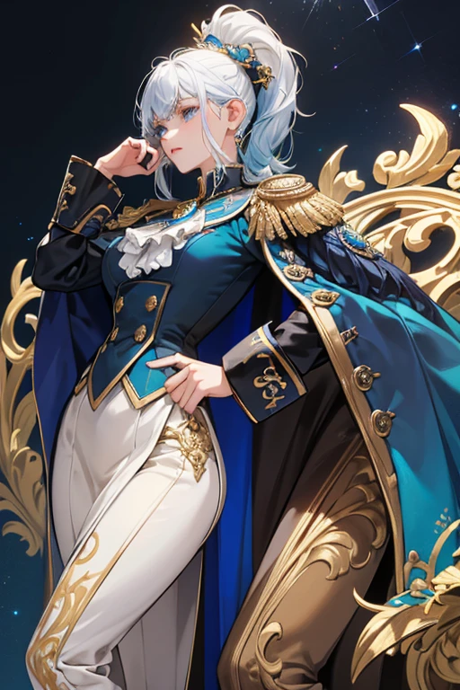 she has white hair. A black ribbon with a blue underside and gold ornamentation fastens her hair. Two ornate gold hairclips fasten her hair above her left ear, with one bearing a feather-like blue attachment. sHe wears a white shirt with ruffled cuffs, with a ruffled white jabot at hercollar. The jabot fades to blue at its tails, is darker blue around the neck, and is fastened in the center by an ornate gold brooch with an iridescent teardrop set in the center and a dangling blue teardrop gem. sHe has black gloves with gold rivets at the knuckles on both hands. Over the shirt is a long, navy-blue jacket with indigo patterns and gold details, including fleur-de-lis shaped closures on the folded cuffs. The sides of her jacket fade to brighter teal. Attached to the jacket is a dark blue capelet with wide notched lapels in gold and blue, with gold details and teal designs. From the two front ends of this capelet dangle two gold ornaments such that it resembles the scale of the Court of Fontaine.

sHe wears navy-colored pants, over which are thigh-high black spats with golden details. Her shoes are black with gold details and blue soles bearing the designs of the scales of Fontaine. SPARKLE; GLITTER