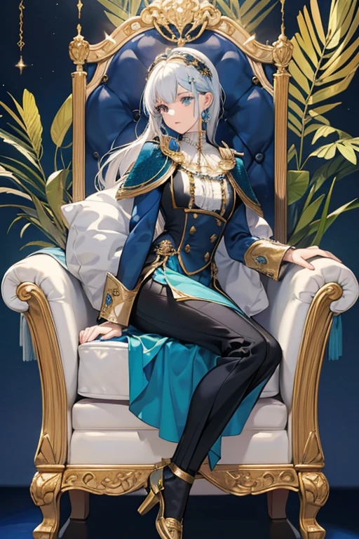 she has white hair. A black ribbon with a blue underside and gold ornamentation fastens her hair. Two ornate gold hairclips fasten her hair above her left ear, with one bearing a feather-like blue attachment. sHe wears a white shirt with ruffled cuffs, with a ruffled white jabot at hercollar. The jabot fades to blue at its tails, is darker blue around the neck, and is fastened in the center by an ornate gold brooch with an iridescent teardrop set in the center and a dangling blue teardrop gem. sHe has black gloves with gold rivets at the knuckles on both hands. Over the shirt is a long, navy-blue jacket with indigo patterns and gold details, including fleur-de-lis shaped closures on the folded cuffs. The sides of her jacket fade to brighter teal. Attached to the jacket is a dark blue capelet with wide notched lapels in gold and blue, with gold details and teal designs. From the two front ends of this capelet dangle two gold ornaments such that it resembles the scale of the Court of Fontaine.

sHe wears navy-colored pants, over which are thigh-high black spats with golden details. Her shoes are black with gold details and blue soles bearing the designs of the scales of Fontaine. SPARKLE; GLITTER