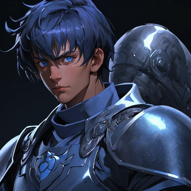 envision a 8k, highres, cinematic close up portrait of a man with a slender body, no facial hair with shaggy blue hair, and blue eyes wearing blue shirt with silver armor plate against a dark gray background