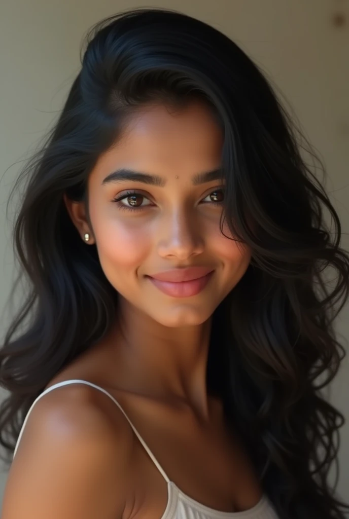 indian, medium dark skin, Brown eyes, Black curly/wavy hair until waist with curly side bangs, 5'2.5,