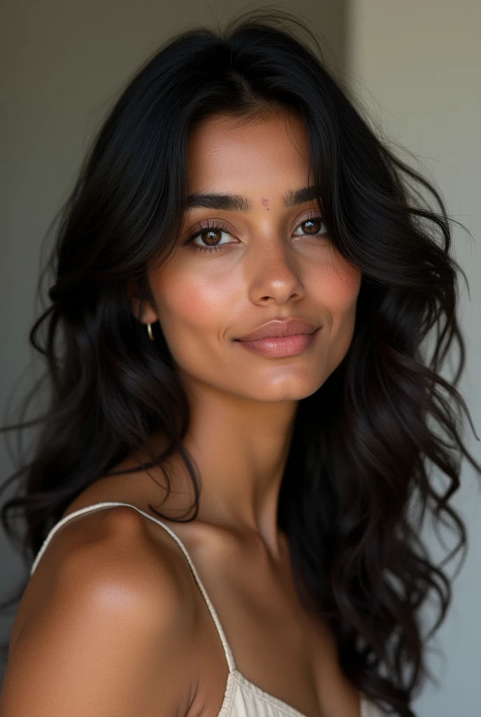 indian, medium dark skin, Brown eyes, Black curly/wavy hair until waist with curly side bangs, 5'2.5,
