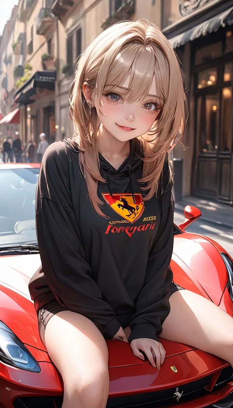 Masterpiece, Cute girl black sweatshirt shorts, sitting on a Ferrari, best HD quality