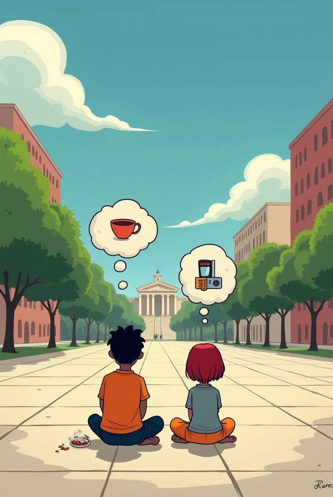 Make a picture of a couple in the shape of a child&#39;s stick figure, sitting in the middle of the square on the ground watching a movie outdoors, make an imagination balloon, she thinking about the coffee maker and he in the museum. He is black with very short hair., she is brown with dark red hair
