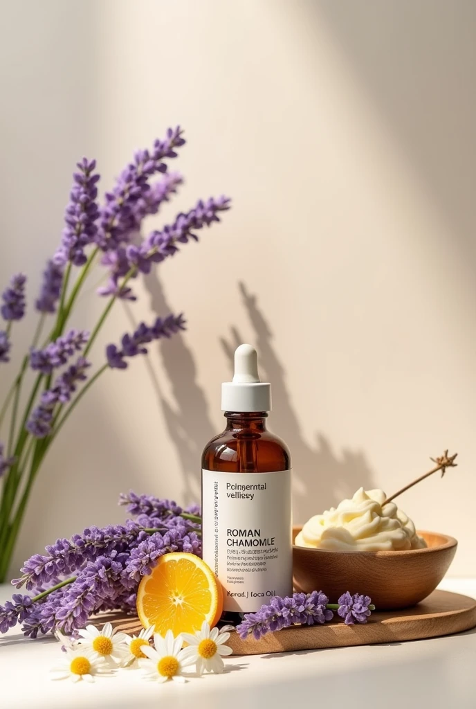 Create an Image with a Bottle of Lavender Essential Oils, Roman chamomile, passion fruit vegetable oil and cocoa butter
