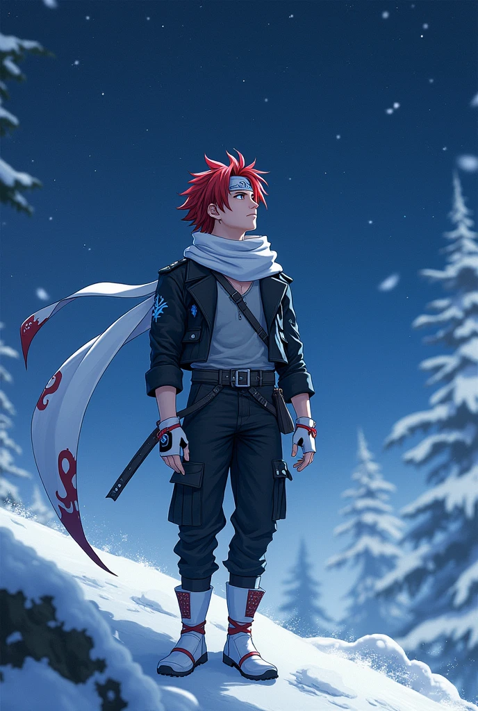 just 1 semi realistic man, super handsome man with seductive eyes, red hair with a hairstyle similar to that of the character Sasuke, but wearing a white bandana, with the symbol of a blue phoenix, very blue eyes, like heaven, muito claro, Asian, wears a beautiful short black jacket with cyan blue details, gray blouse, with a huge scarf tied around his neck, that crawls to the ground, black military style pants and white military boots, with red details, além de luvas brancas with red details sem dedos de material como couro, and a punk belt under the shirt. Make him look at the starry sky and the snow, going.