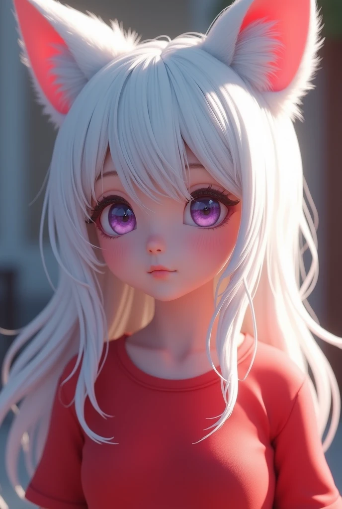 (8K, RAW photos, High sensitivity, best quality, masterpiece, Ultra high resolution, realism: 1.25), blush, (Very Detailed CG Unity 8K Wallpaper, best quality, high resolution: 1.2), (Extremists_detailed, Ultra HD: 1.2), Perfect lighting, Unique, (1 beautiful girl: 1.4), Unreal Engine, Side Light, White hair, Fox ears, Purple Eyes, Perfect body, Pretty Face, (Bright skin: 1.4), Idol, (whole body), Red T-shirt, transparent,