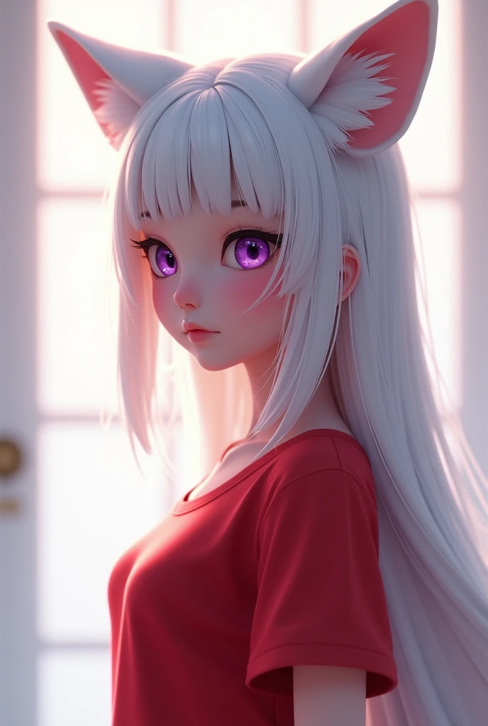 (8K, RAW photos, High sensitivity, best quality, masterpiece, Ultra high resolution, realism: 1.25), blush, (Very Detailed CG Unity 8K Wallpaper, best quality, high resolution: 1.2), (Extremists_detailed, Ultra HD: 1.2), Perfect lighting, Unique, (1 beautiful girl: 1.4), Unreal Engine, Side Light, White hair, Fox ears, Purple Eyes, Perfect body, Pretty Face, (Bright skin: 1.4), Idol, (whole body), Red T-shirt, transparent,
