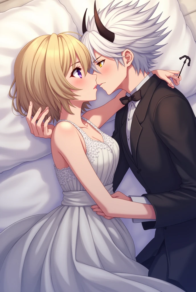 anime woman , Blonde Short hair, purple eyes, with wedding dress,  with a man with white hair , and horned, yellow eyes, Black toothpick,  Lying in bed and kissing   , icon format 