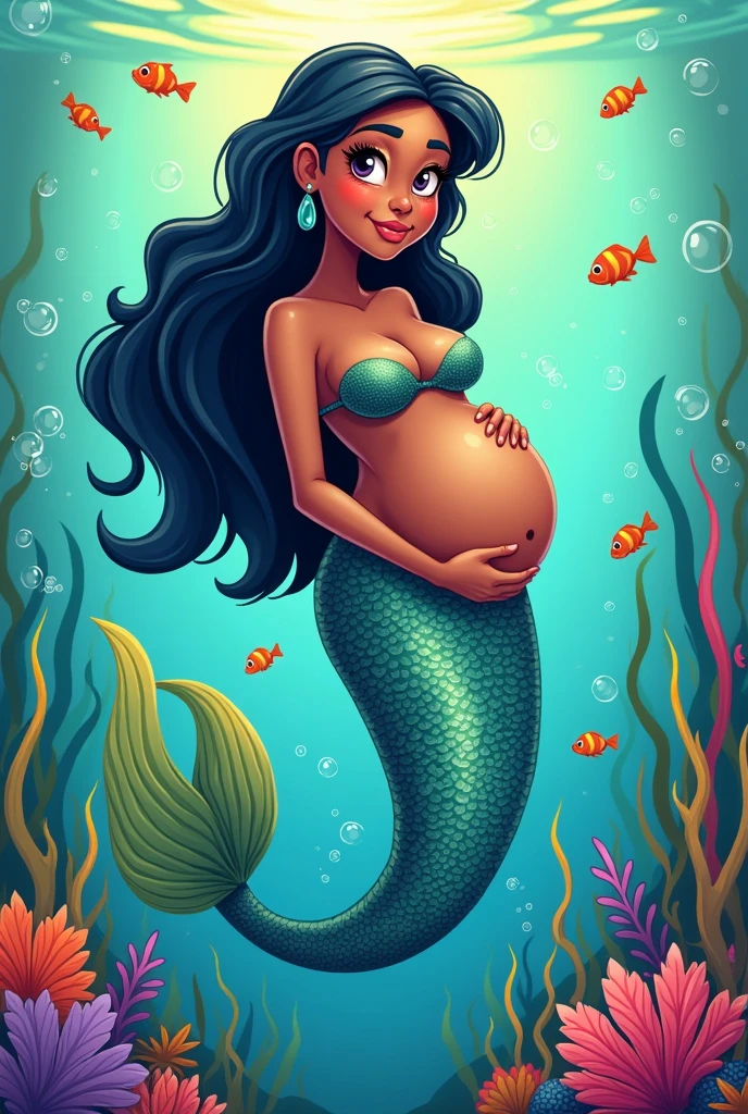 Pregnant black mermaid cartoon style 