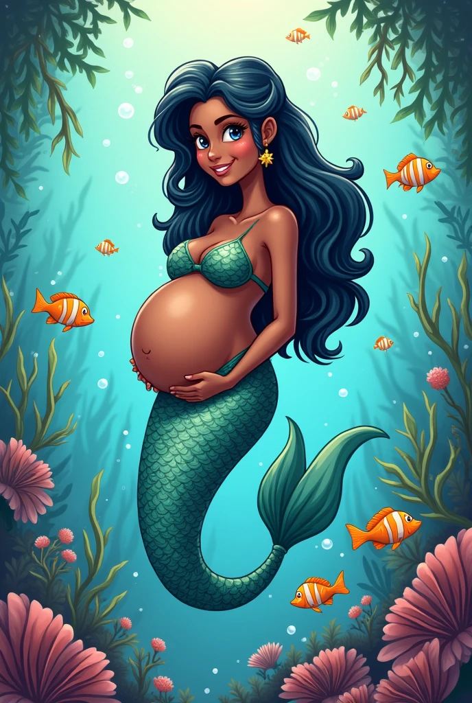 Pregnant black mermaid cartoon style 