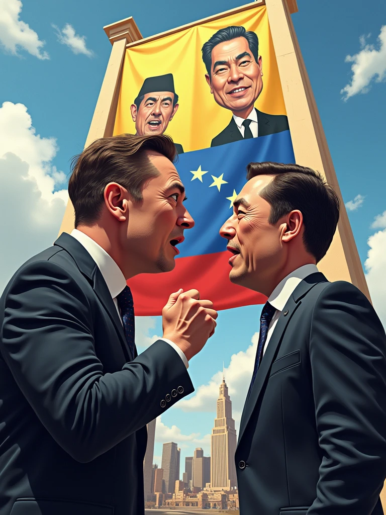 A caricature of Elon Musk telling Nicolás Maduro to stop censorship of X in Venezuela printed on a gigantic banner hanging from a tall building
