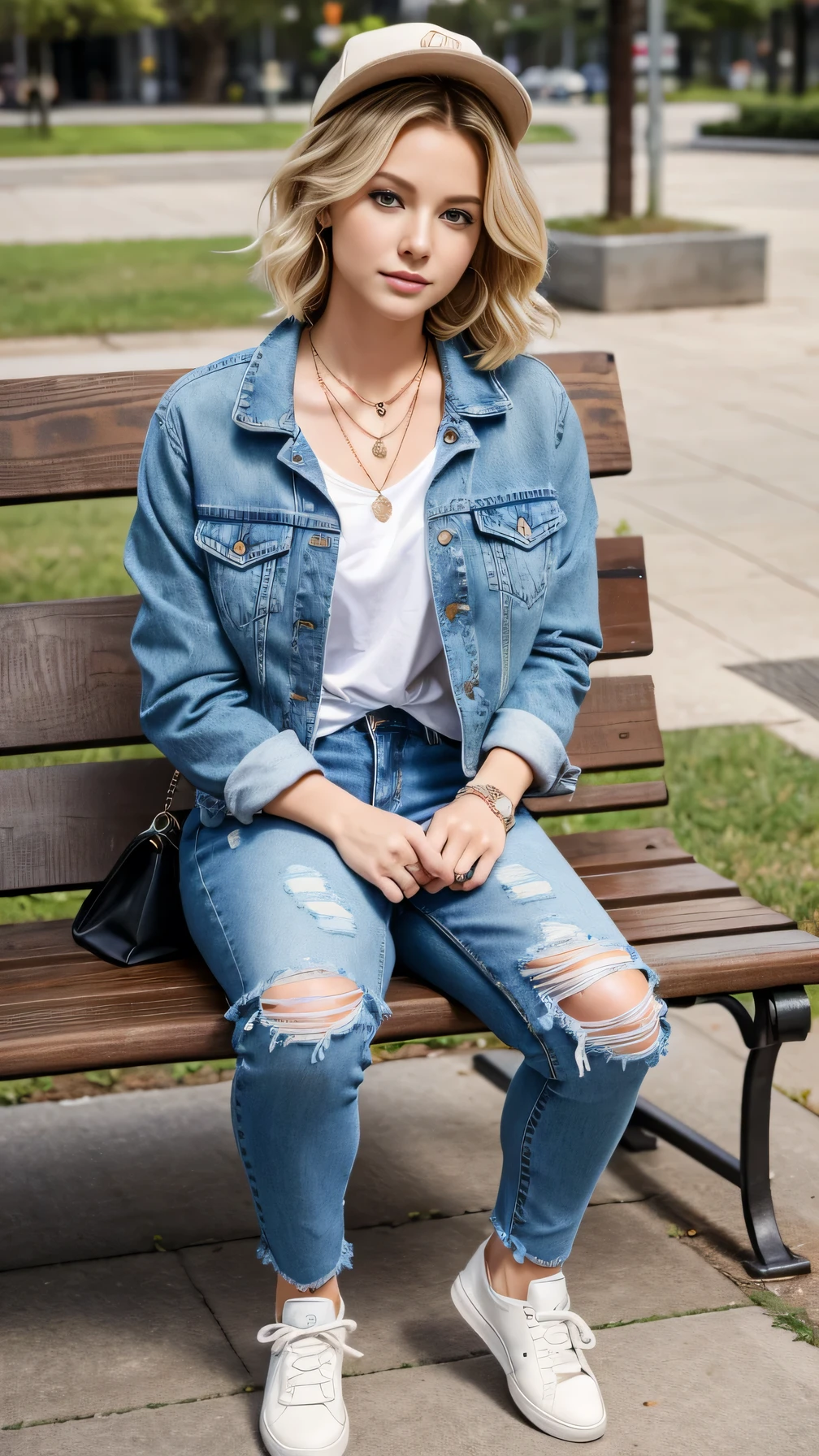 Neat and clean Caucasian woman、Full body photo、sitting on a park bench、blonde、blue eyes、short hair、Wavy Hair、ear piercing、、necklace、Denim jacket、shirt、Skinny jeans、sneakers、